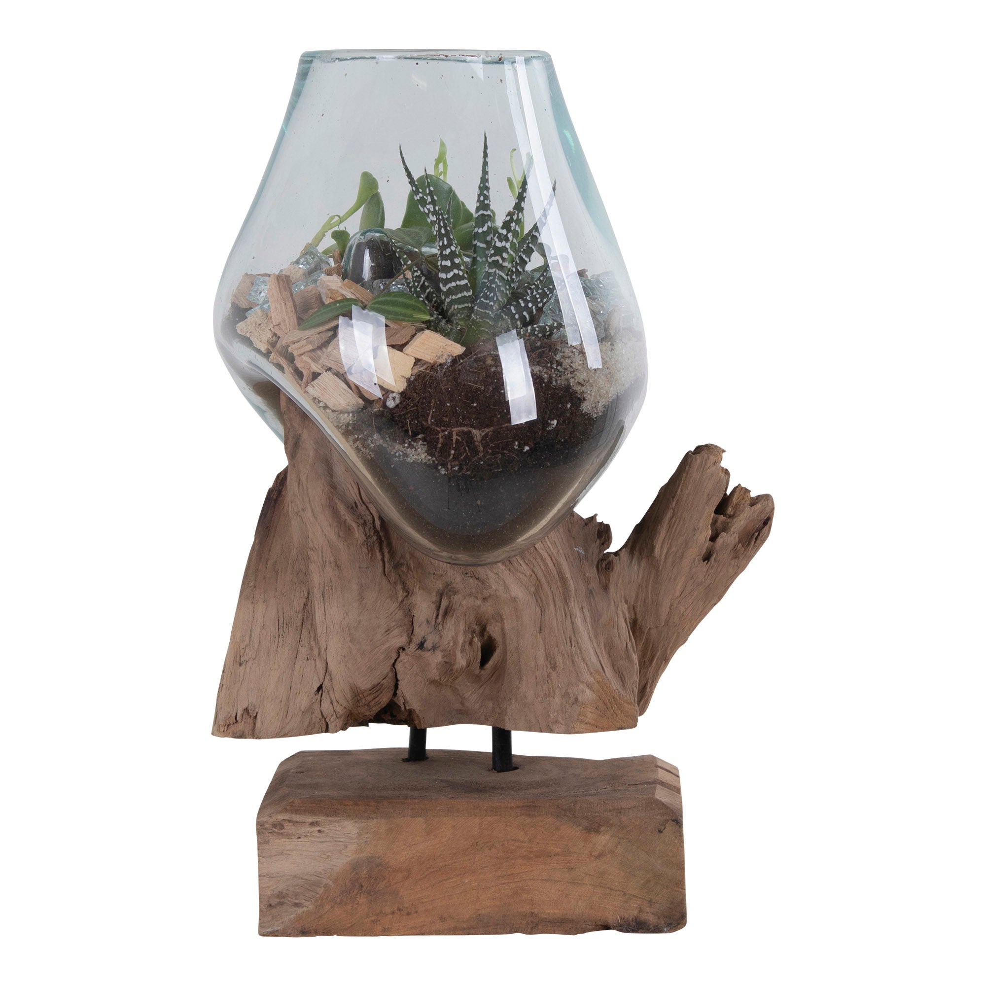 Glas-Dekoration auf Teakholz, h25 cm